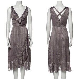 AVEC LES FILLES Striped Metallic Ruffle Hem Dress S Purple French Girl Faux Wrap